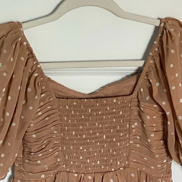 Abercrombie & Fitch Tan Polka Dot Ruched Puff Sleeve Mini Dress 29690 - Picture 10 of 16